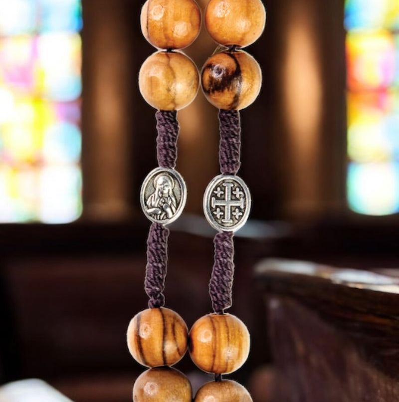 Rope Rosary with metal backed crucifix, OLIVE WOOD ROSARY